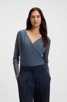 Wrap-front top in pliss&eacute; tulle, Blue