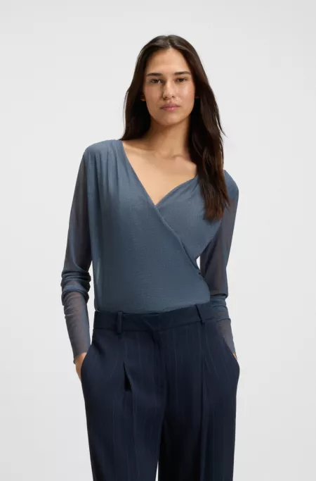 Wrap-front top in plissé tulle