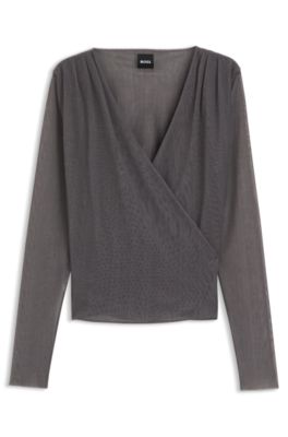 Wrap-front top in pliss&eacute; tulle, Dark Grey