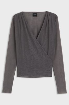 Wrap-front top in pliss&eacute; tulle, Dark Grey
