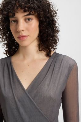 Wrap-front top in pliss&eacute; tulle, Dark Grey