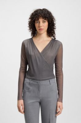 Wrap-front top in pliss&eacute; tulle, Dark Grey