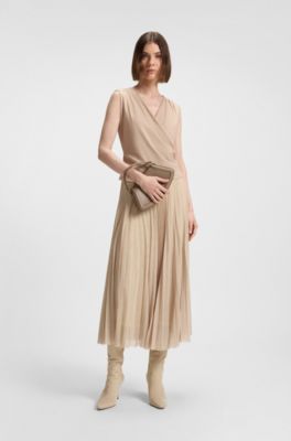 Lined tulle skirt with pliss&eacute; pleats, Beige
