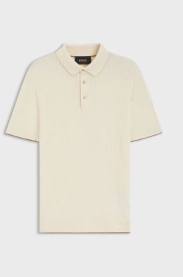 Poloshirt aus Baumwoll-Mix mit Seiden-Anteil und Zopfmuster, Natur