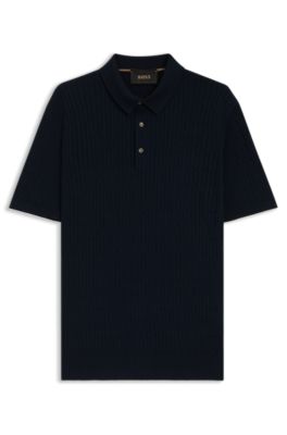 Cable-knit polo in silk and cotton, Dark Blue