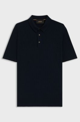 Cable-knit polo in silk and cotton, Dark Blue