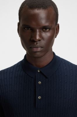 Cable-knit polo in silk and cotton, Dark Blue