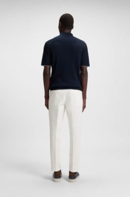 Poloshirt aus Baumwoll-Mix mit Seiden-Anteil und Zopfmuster, Dunkelblau