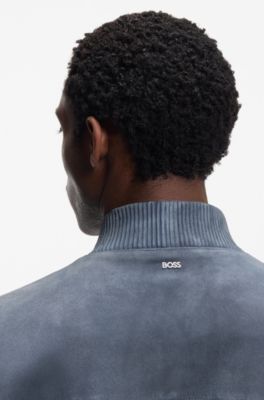 Giubbotto regular fit in pelle scamosciata, Blu