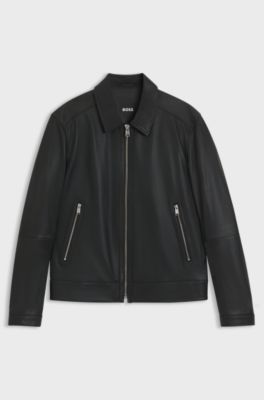 Regular-Fit Lederjacke mit Rei&szlig;verschluss, Schwarz