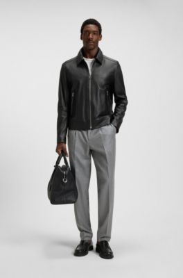Regular-fit leather jacket with zip closure, Black