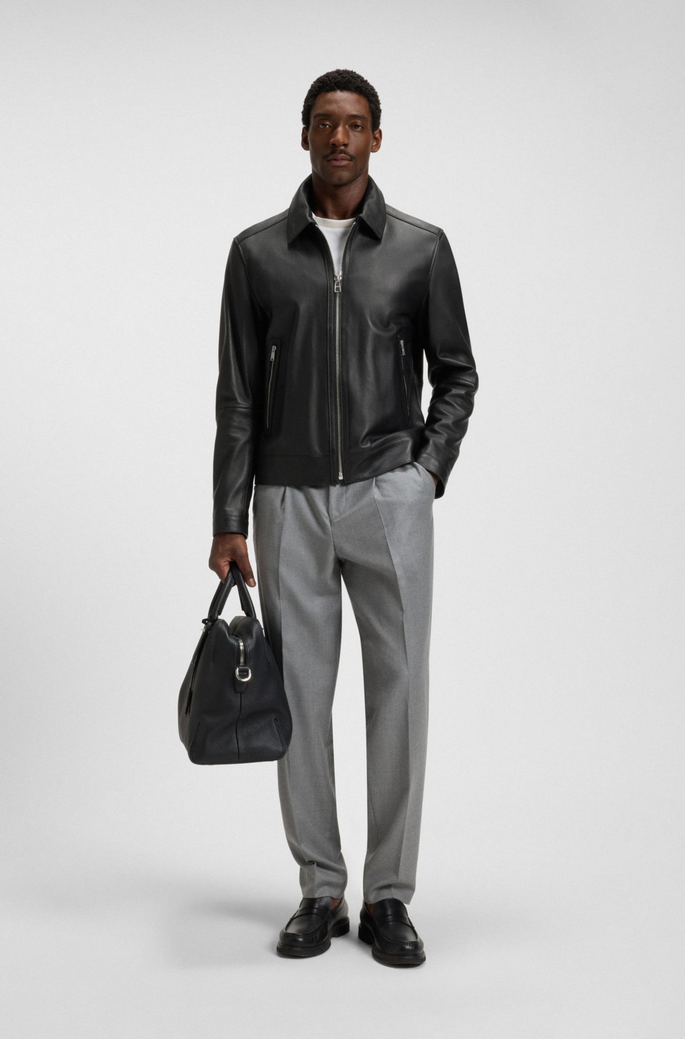 BOSS - レギュラーフィット レザージャケット ジップクロージャー