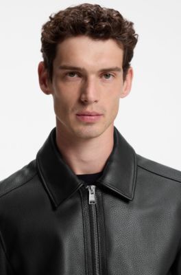 Giubbotto in pelle regular fit con chiusura con zip, Nero