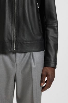 Regular-fit leather jacket with zip closure, Black