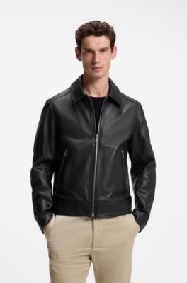Giubbotto in pelle regular fit con chiusura con zip, Nero