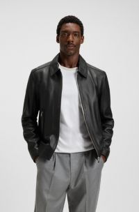 Regular-fit leather jacket with zip closure, Black