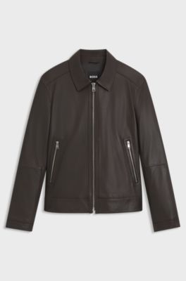 Chaqueta de piel regular fit con cierre de cremallera, Marr&oacute;n oscuro