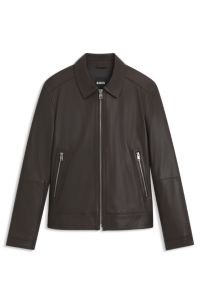 Regular-fit leather jacket with zip closure, Dark Brown