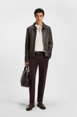 Chaqueta de piel regular fit con cierre de cremallera, Marr&oacute;n oscuro