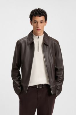 Chaqueta de piel regular fit con cierre de cremallera, Marr&oacute;n oscuro