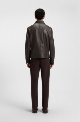 Chaqueta de piel regular fit con cierre de cremallera, Marr&oacute;n oscuro