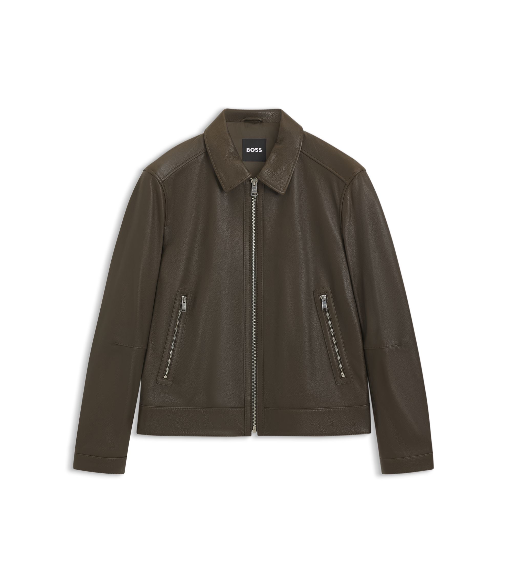 BOSS - Regular-fit leather jacket with zip closure - Light Green