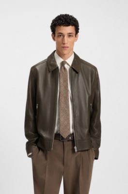 Regular-fit leather jacket with zip closure, Light Green