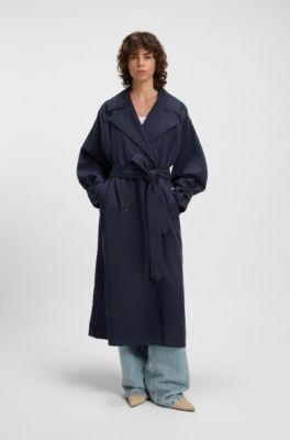 Trenchcoat van zacht materiaal met logostiksel, Donkerblauw
