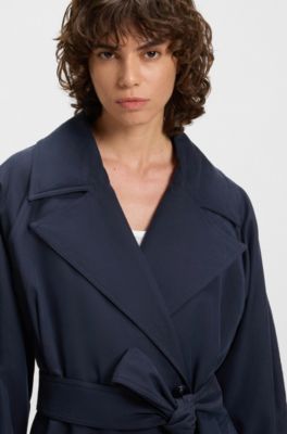 Trench coat in peached fabric with logo embroidery, Dark Blue
