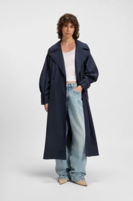 Trenchcoat i bl&oslash;dt stof med logobroderi, M&oslash;rkebl&aring;