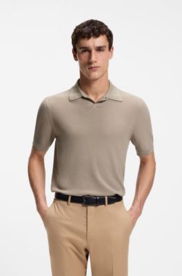Knit polo in merino wool with natural stretch, Light Brown