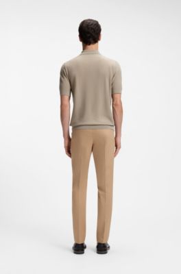 Knit polo in merino wool with natural stretch, Light Brown