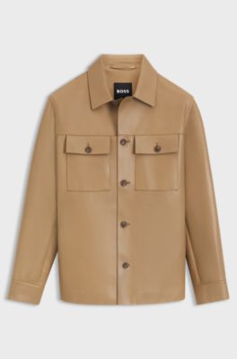 Shirt-style leather jacket with flap pockets, Beige