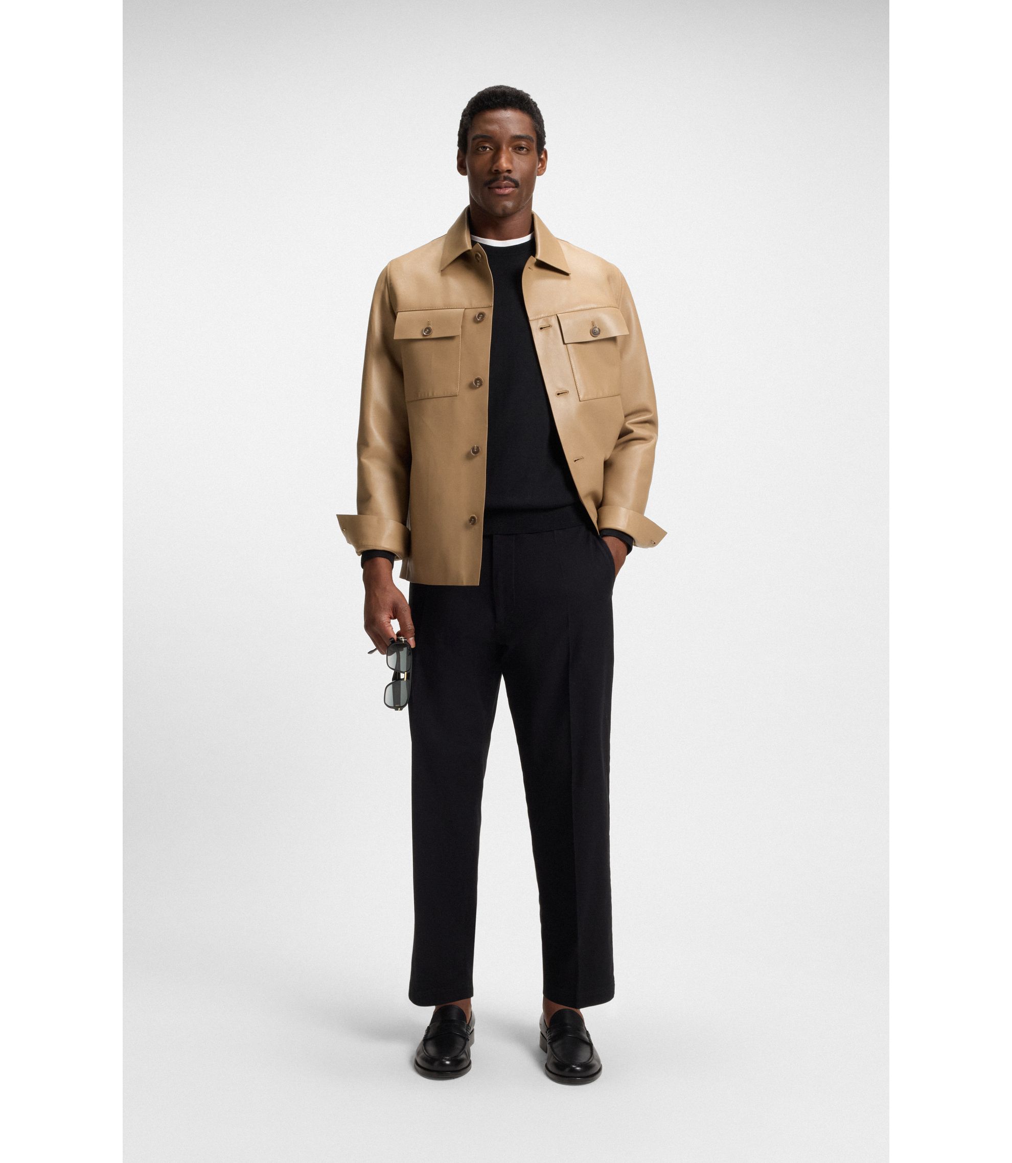 BOSS - シャツスタイル レザージャケット フラップポケット - ベージュ