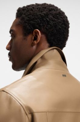 Shirt-style leather jacket with flap pockets, Beige