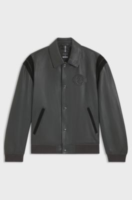 Porsche x BOSS leather jacket with contrast details, Dark Grey