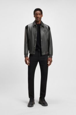 Porsche x BOSS leather jacket with contrast details, Dark Grey
