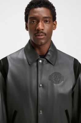 Porsche x BOSS leather jacket with contrast details, Dark Grey