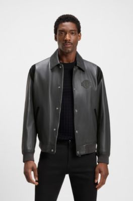 Porsche x BOSS leather jacket with contrast details, Dark Grey