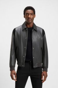 Porsche x BOSS leather jacket with contrast details, Dark Grey