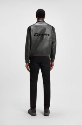 Porsche x BOSS leather jacket with contrast details, Dark Grey