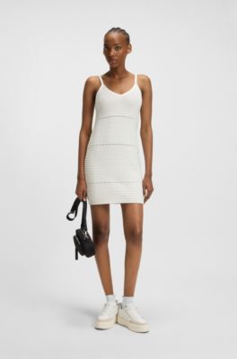 Mesh-knit dress with spaghetti straps, White