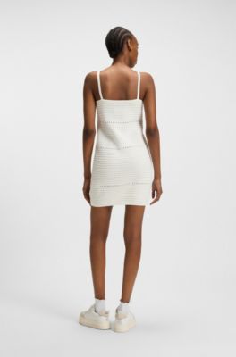 Mesh-knit dress with spaghetti straps, White