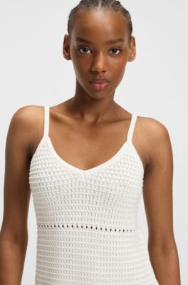 Mesh-knit dress with spaghetti straps, White