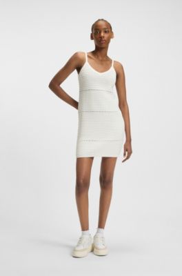 Mesh-knit dress with spaghetti straps, White