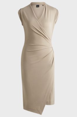 Wrap-front dress with gathered details, Light Beige