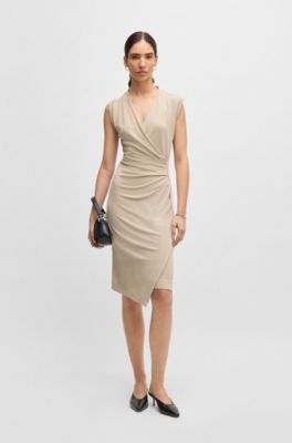 Wrap-front dress with gathered details, Light Beige