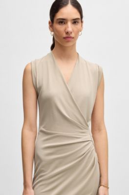 Wrap-front dress with gathered details, Light Beige