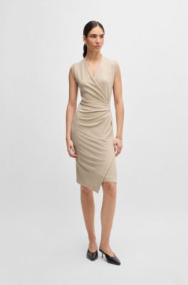 Wrap-front dress with gathered details, Light Beige
