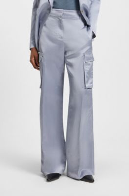Pantalon Regular en satin, Gris chin&eacute;